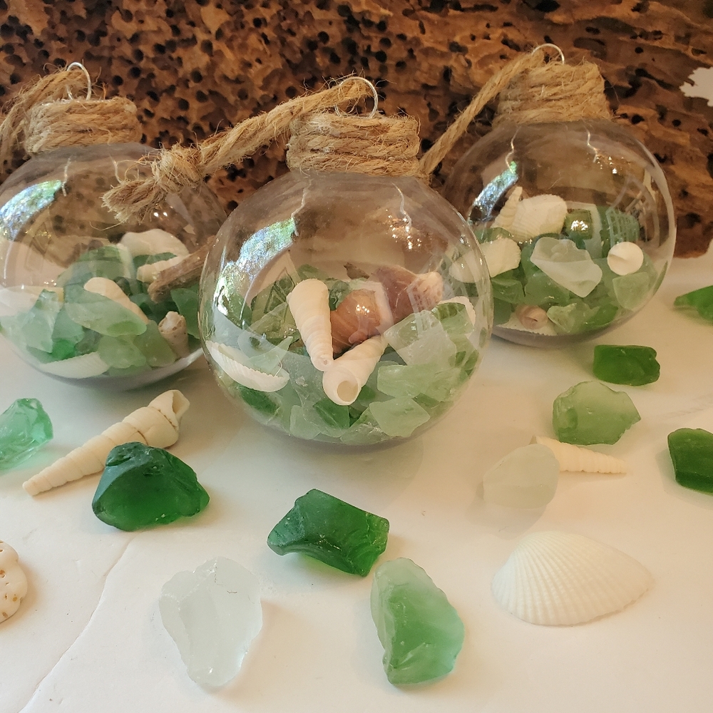 Ornaments with Green and White Tumbled Glass and Shells Set Of Three